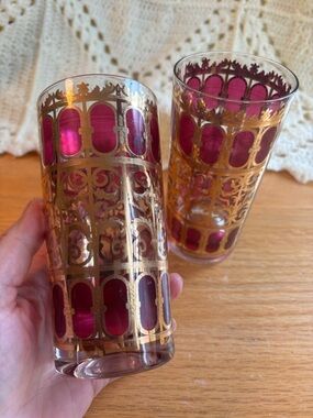 Vintage Culver 22k Gold Cranberry Scroll Highball Collins Glasses MCM